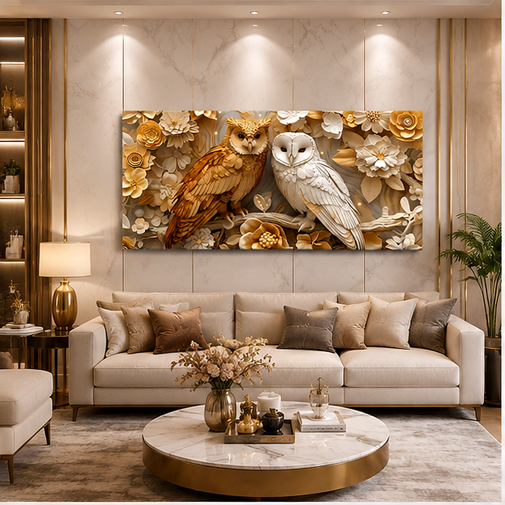 Royal Golden Owl Pair 3D Embossed Wall Art Canvas Print Frame