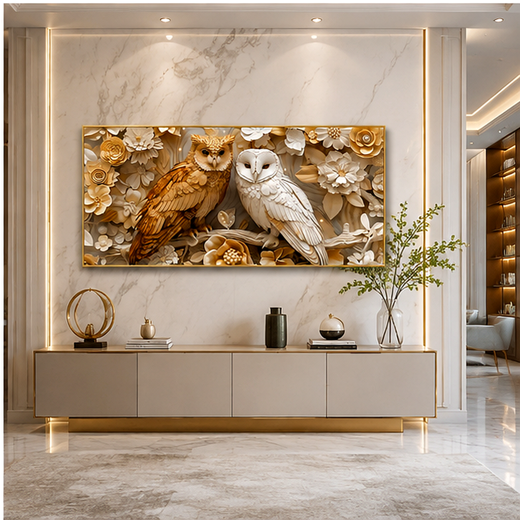 Royal Golden Owl Pair 3D Embossed Wall Art Canvas Print Frame