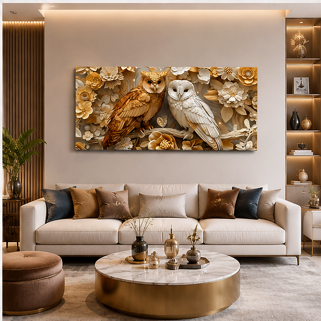 Royal Golden Owl Pair 3D Embossed Wall Art Canvas Print Frame