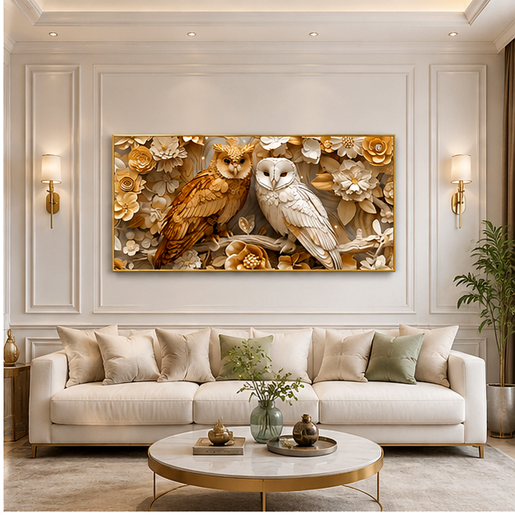 Royal Golden Owl Pair 3D Embossed Wall Art Canvas Print Frame