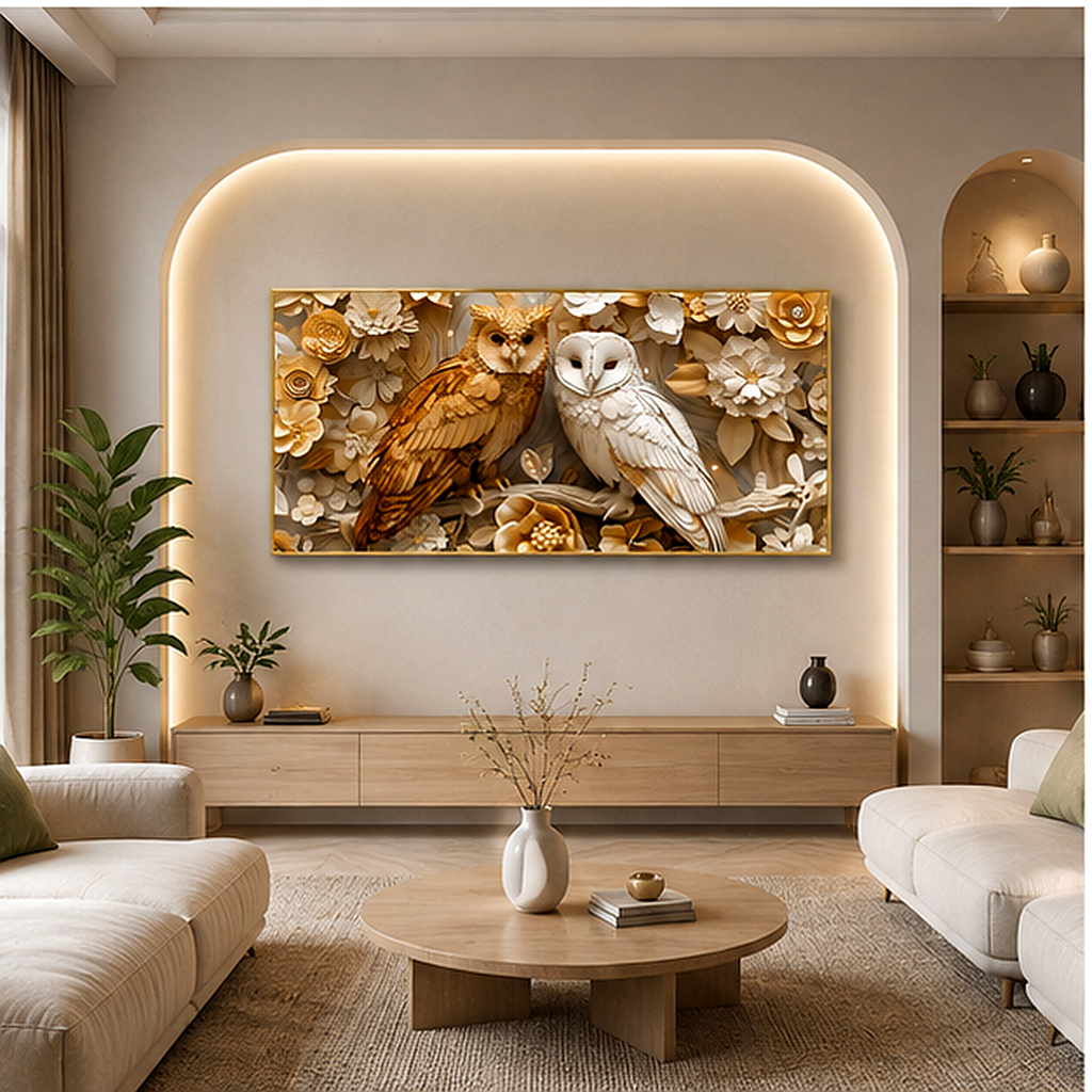 Royal Golden Owl Pair 3D Embossed Wall Art Canvas Print Frame