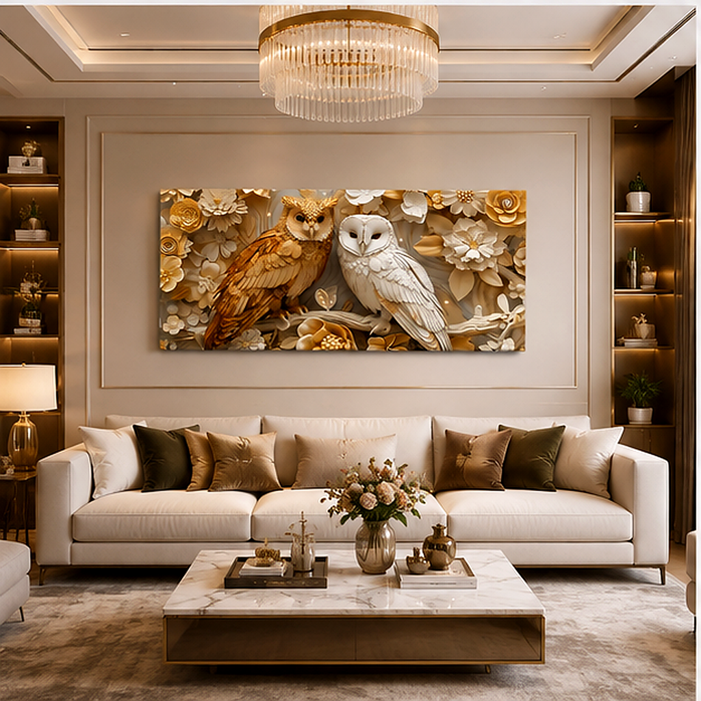 Royal Golden Owl Pair 3D Embossed Wall Art Canvas Print Frame