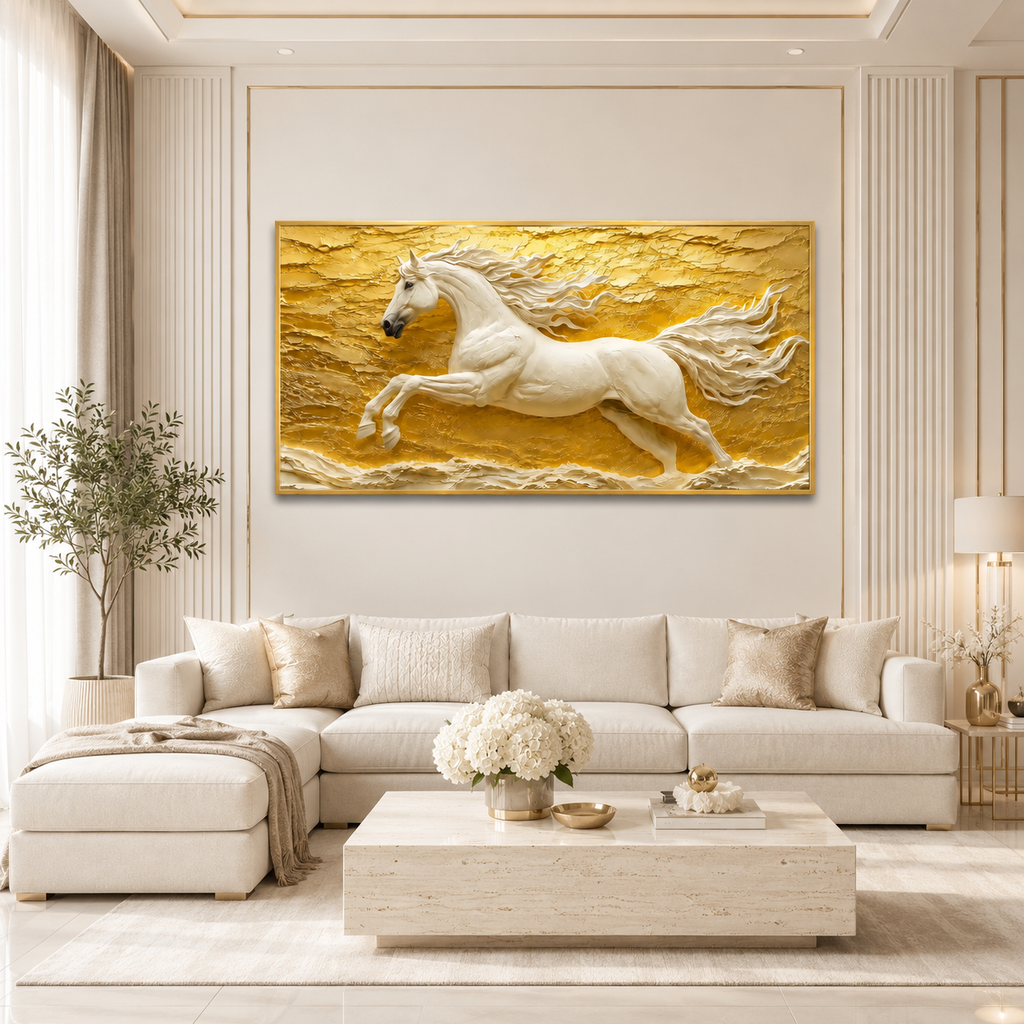 Luxury 3D White Horse Painting with Majestic Galloping Stallion Golden Textured Background
