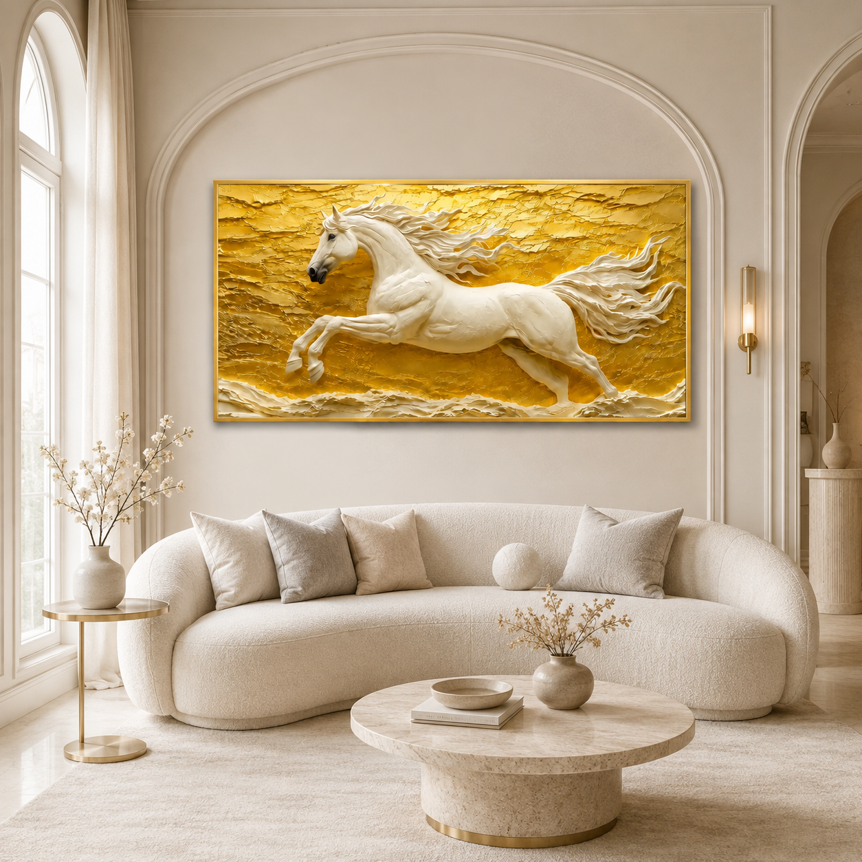 Luxury 3D White Horse Painting with Majestic Galloping Stallion Golden Textured Background