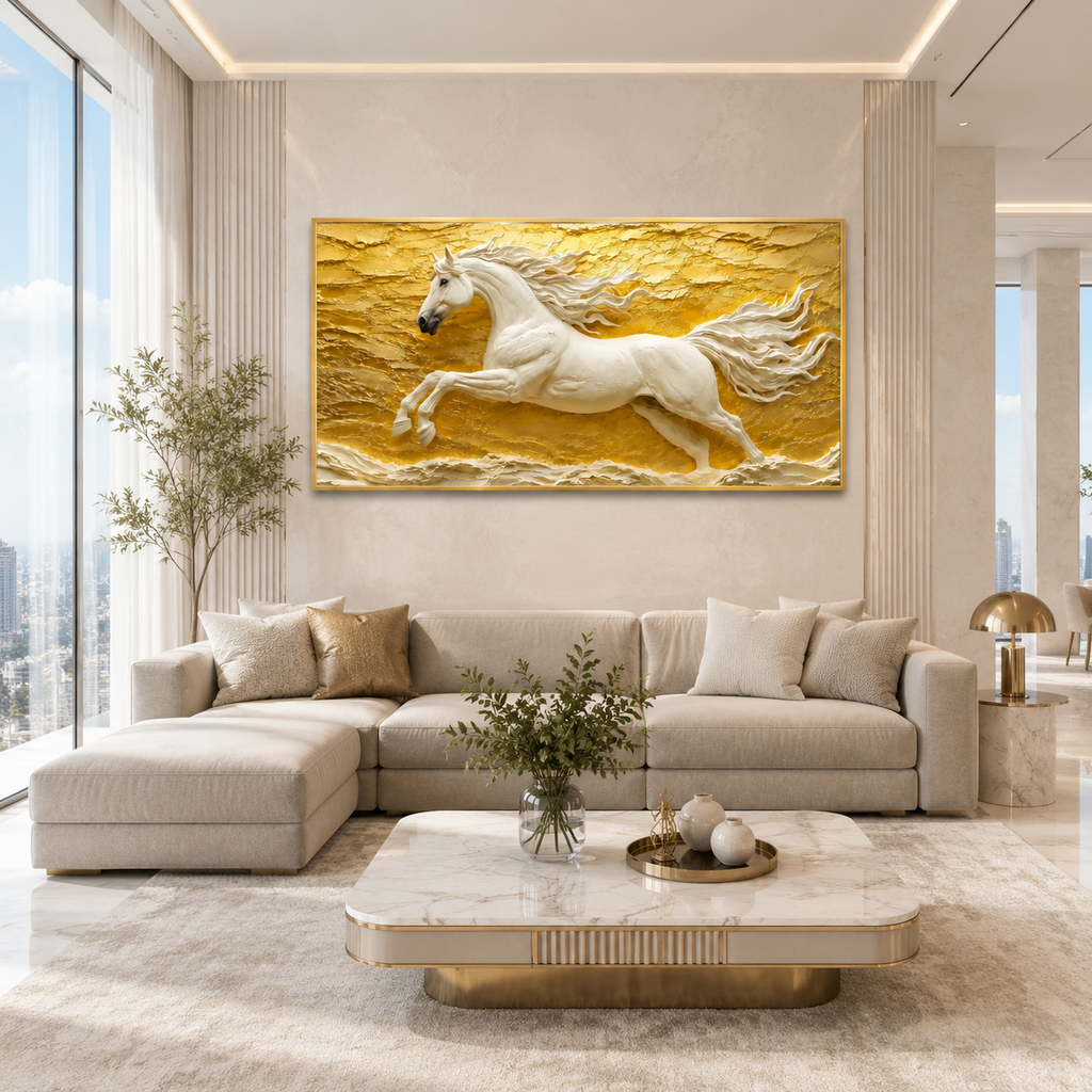 Luxury 3D White Horse Painting with Majestic Galloping Stallion Golden Textured Background