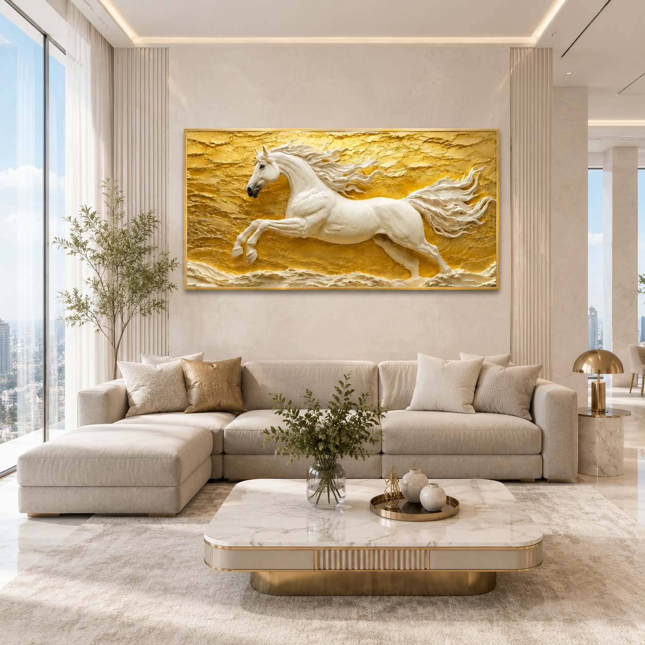 Luxury 3D White Horse Painting with Majestic Galloping Stallion Golden Textured Background