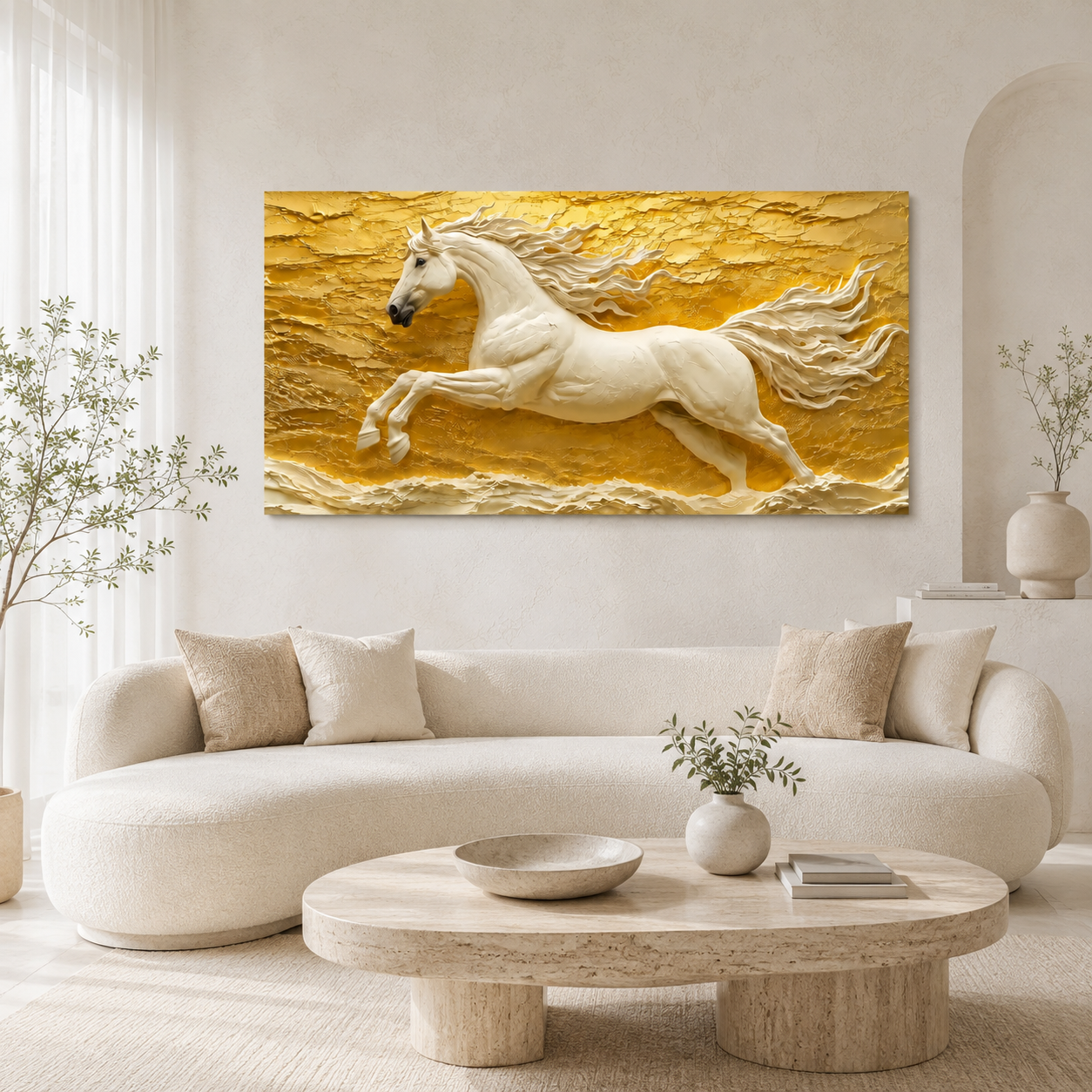 Luxury 3D White Horse Painting with Majestic Galloping Stallion Golden Textured Background