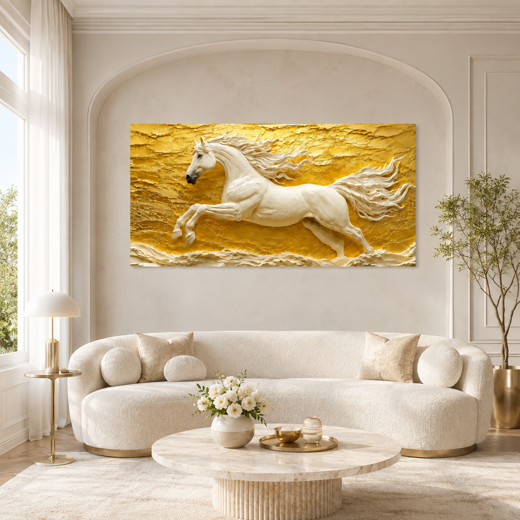 Luxury 3D White Horse Painting with Majestic Galloping Stallion Golden Textured Background