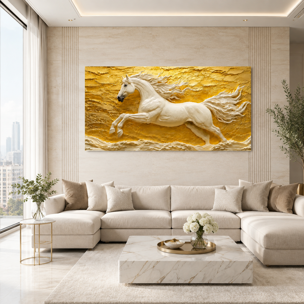 Luxury 3D White Horse Painting with Majestic Galloping Stallion Golden Textured Background