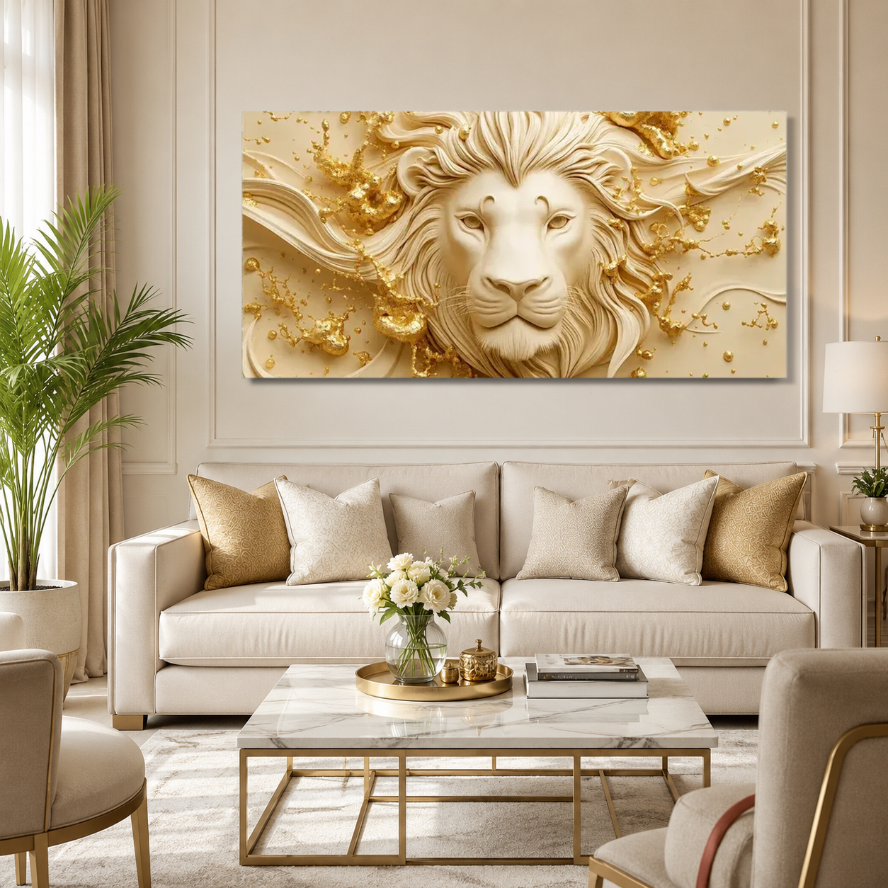 Elegant 3D Majestic Lion Face Golden Abstract Canvas Painting for Luxury Home Decoration