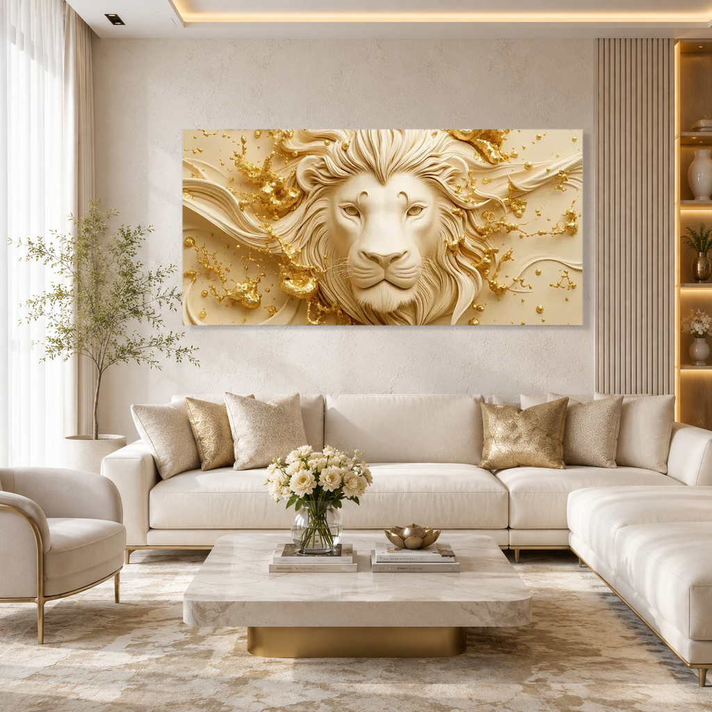 Elegant 3D Majestic Lion Face Golden Abstract Canvas Painting for Luxury Home Decoration
