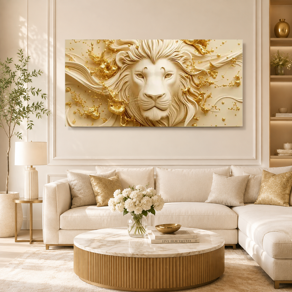 Elegant 3D Majestic Lion Face Golden Abstract Canvas Painting for Luxury Home Decoration