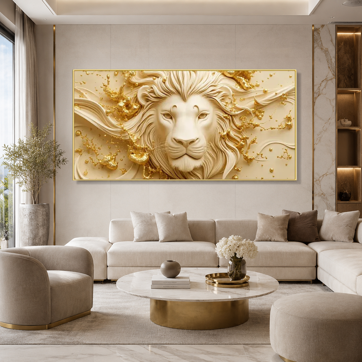 Elegant 3D Majestic Lion Face Golden Abstract Canvas Painting for Luxury Home Decoration