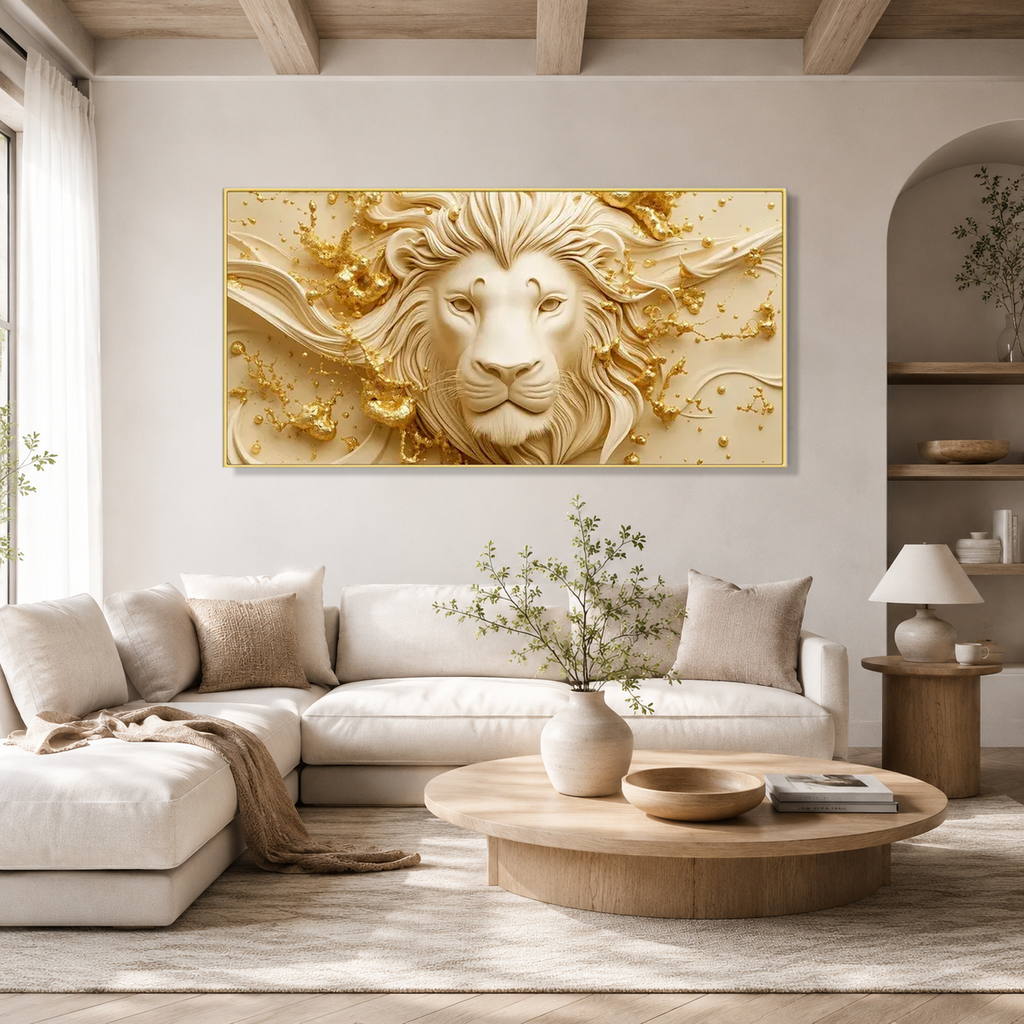 Elegant 3D Majestic Lion Face Golden Abstract Canvas Painting for Luxury Home Decoration