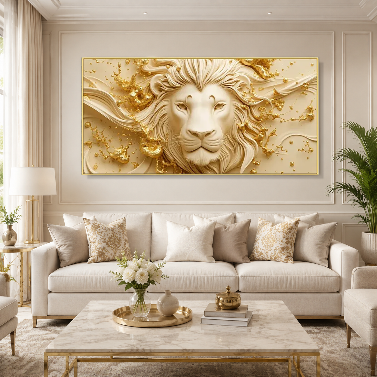 Elegant 3D Majestic Lion Face Golden Abstract Canvas Painting for Luxury Home Decoration