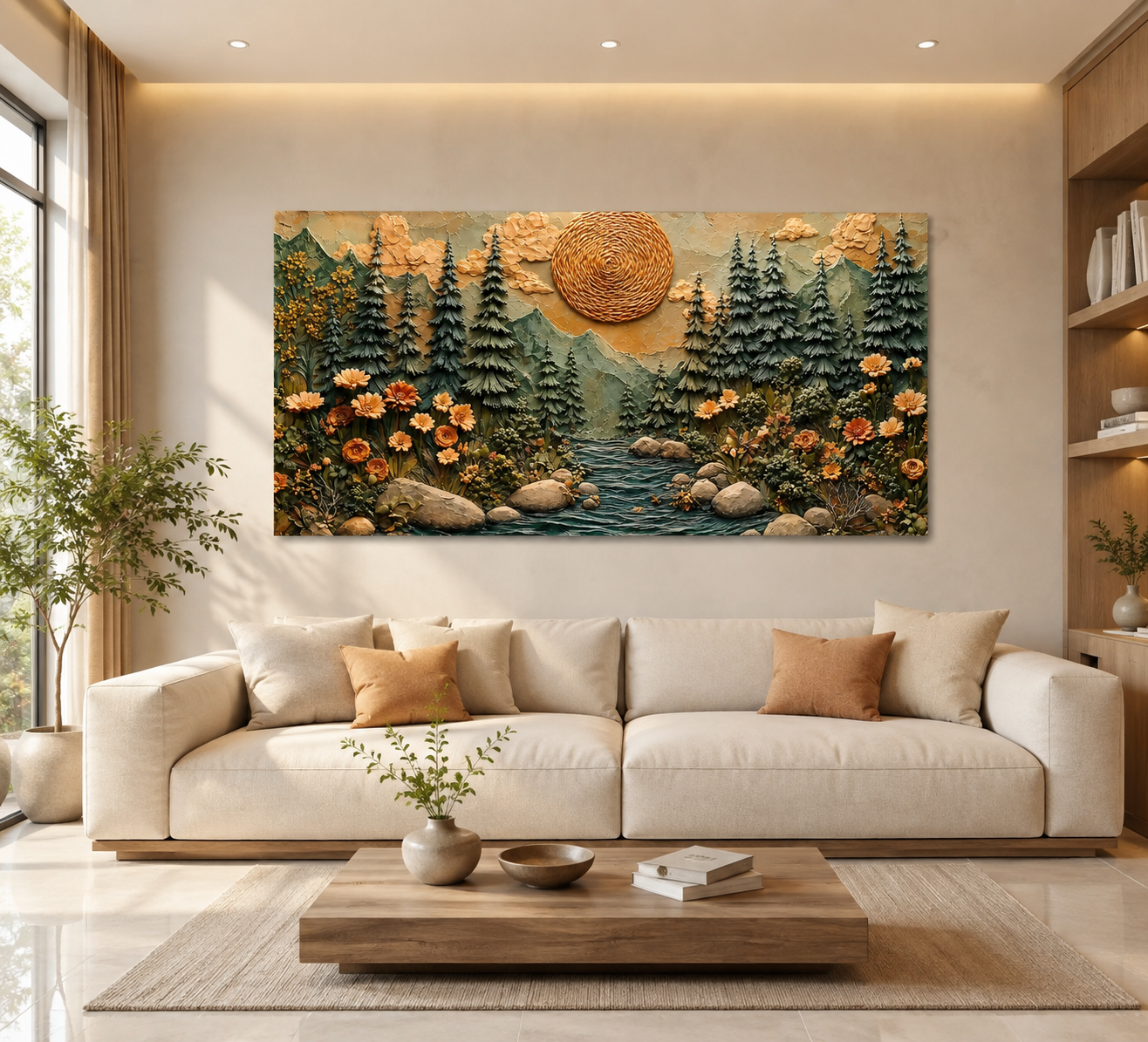 Luxury 3D Textured Mountain Forest Wall Art with Trees and Golden Sunset
