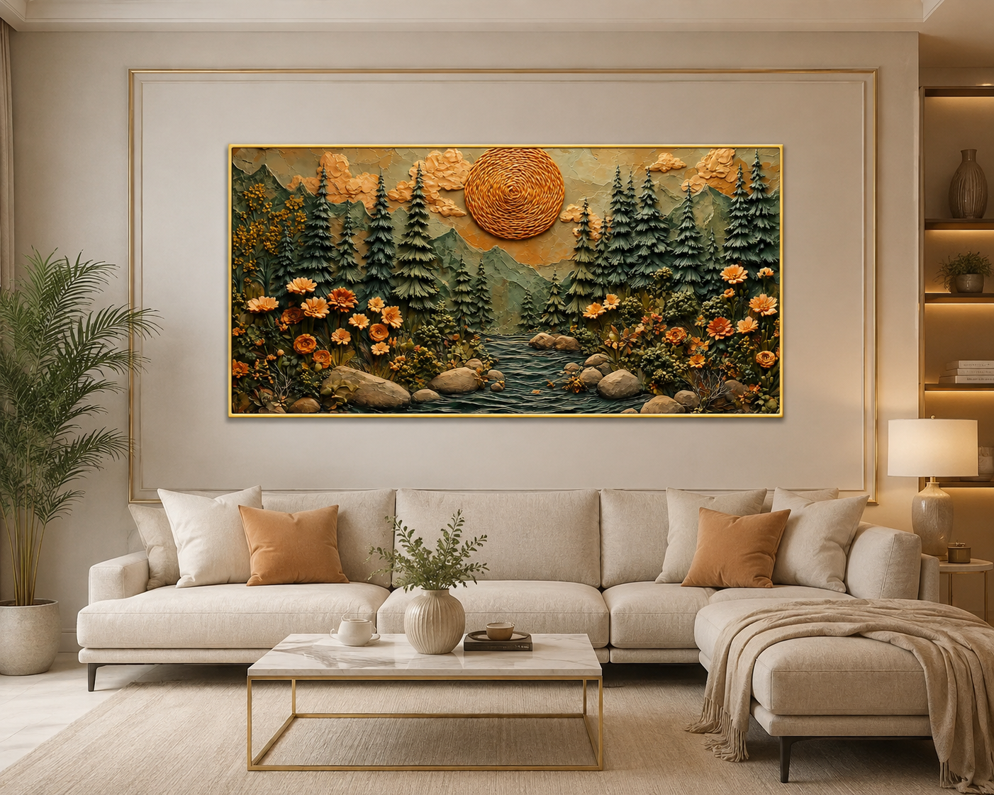 Luxury 3D Textured Mountain Forest Wall Art with Trees and Golden Sunset