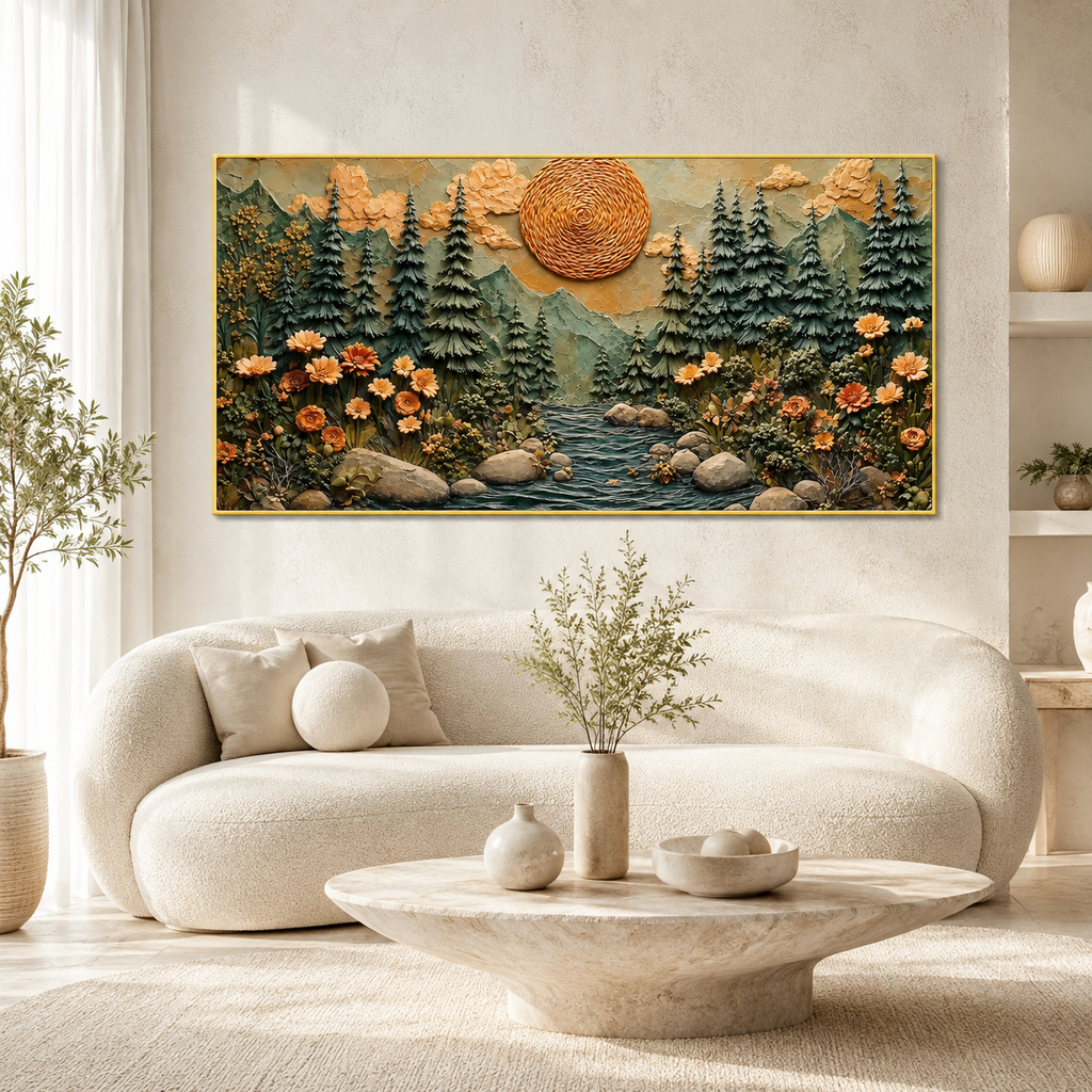 Luxury 3D Textured Mountain Forest Wall Art with Trees and Golden Sunset