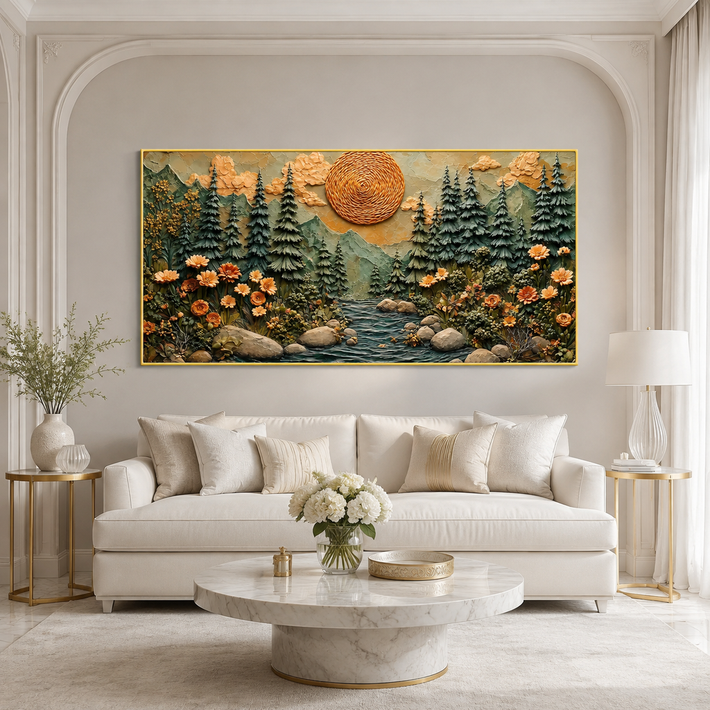 Luxury 3D Textured Mountain Forest Wall Art with Trees and Golden Sunset