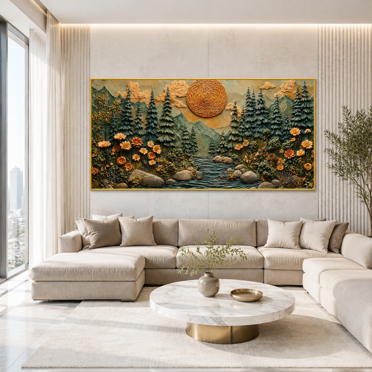Luxury 3D Textured Mountain Forest Wall Art with Trees and Golden Sunset