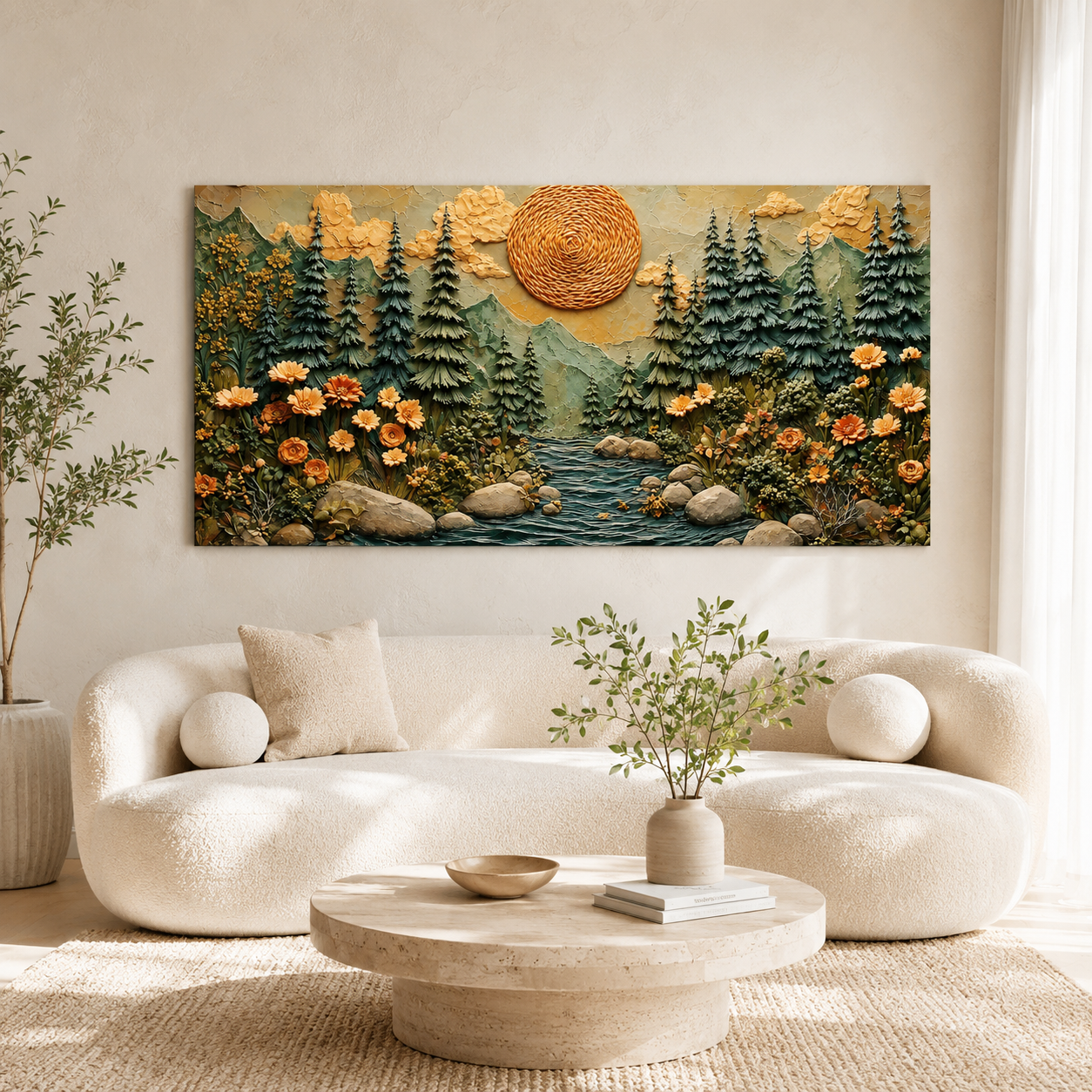 Luxury 3D Textured Mountain Forest Wall Art with Trees and Golden Sunset