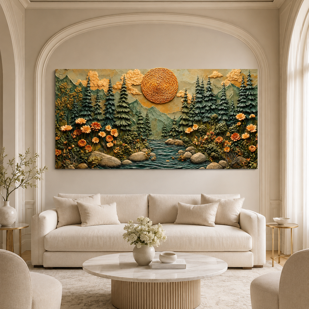 Luxury 3D Textured Mountain Forest Wall Art with Trees and Golden Sunset