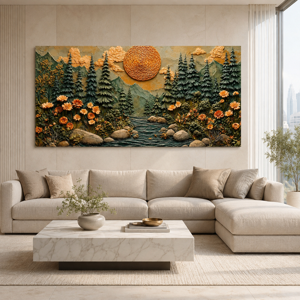 Luxury 3D Textured Mountain Forest Wall Art with Trees and Golden Sunset