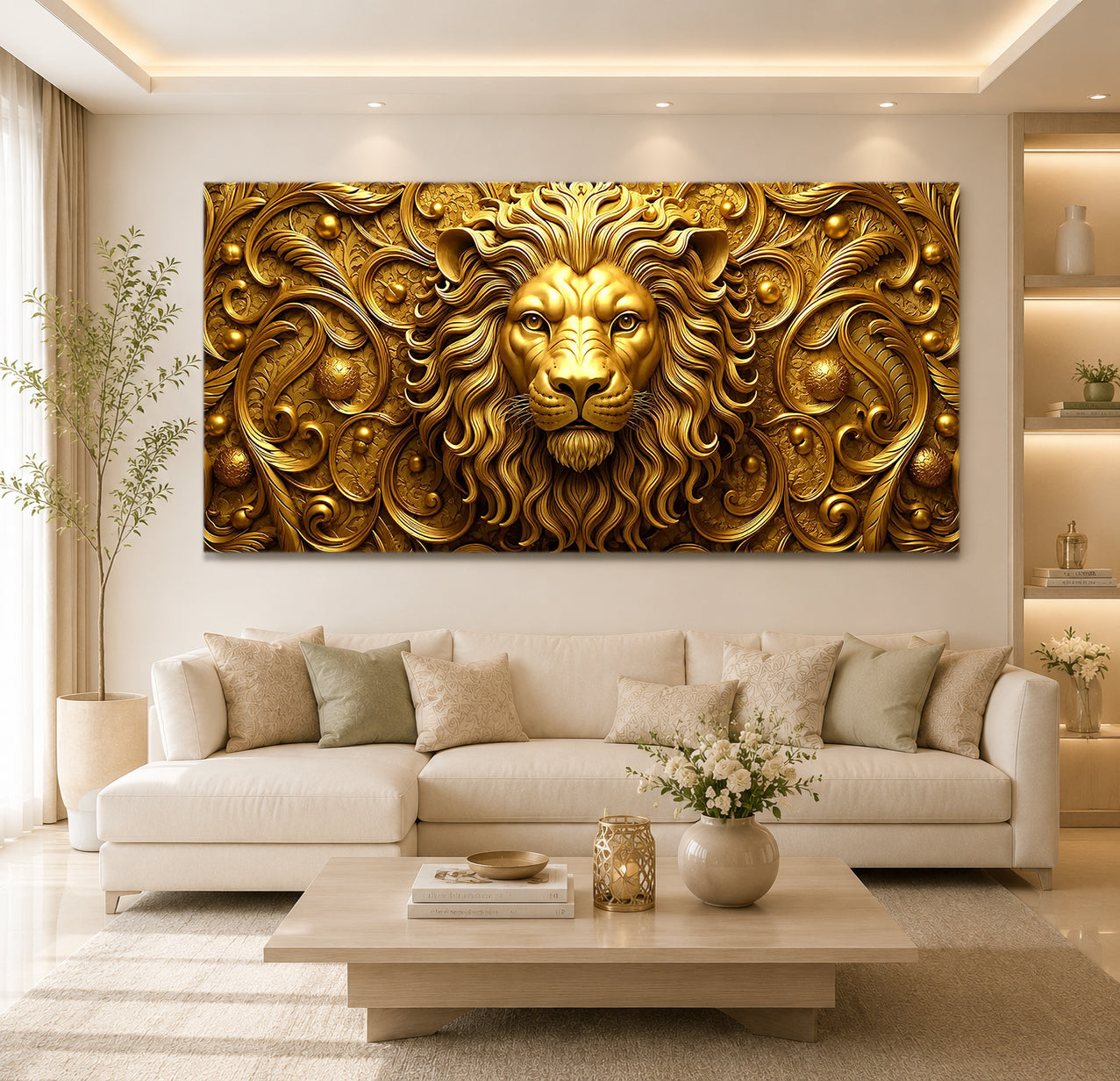 Golden Lion 3D Wall Art with Embossed Texture for Modern Home Interior Decor