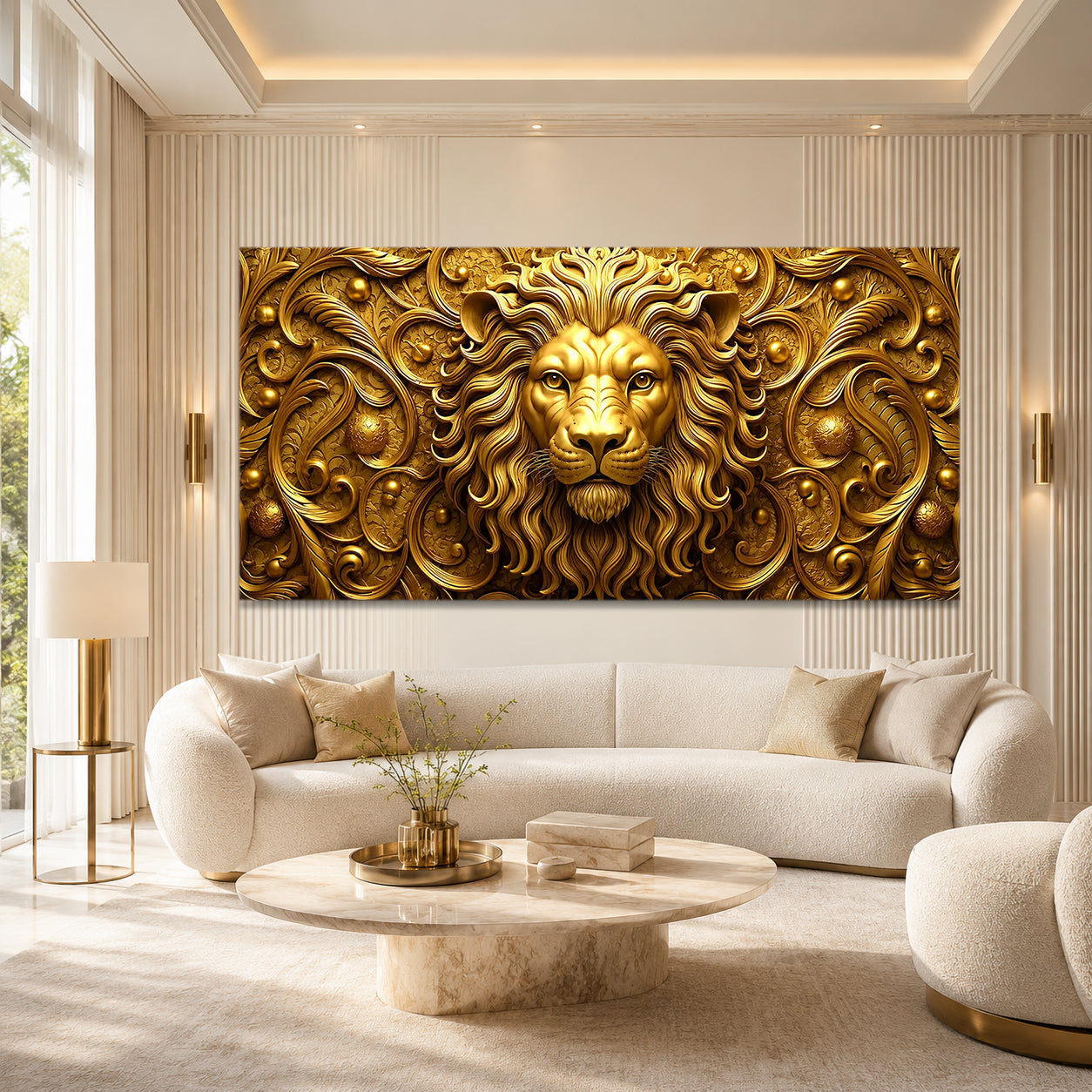 Golden Lion 3D Wall Art with Embossed Texture for Modern Home Interior Decor