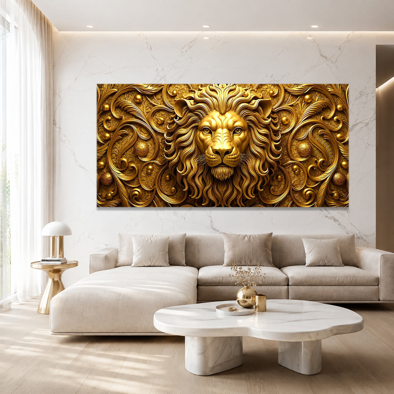 Golden Lion 3D Wall Art with Embossed Texture for Modern Home Interior Decor