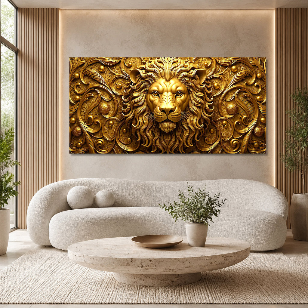 Golden Lion 3D Wall Art with Embossed Texture for Modern Home Interior Decor