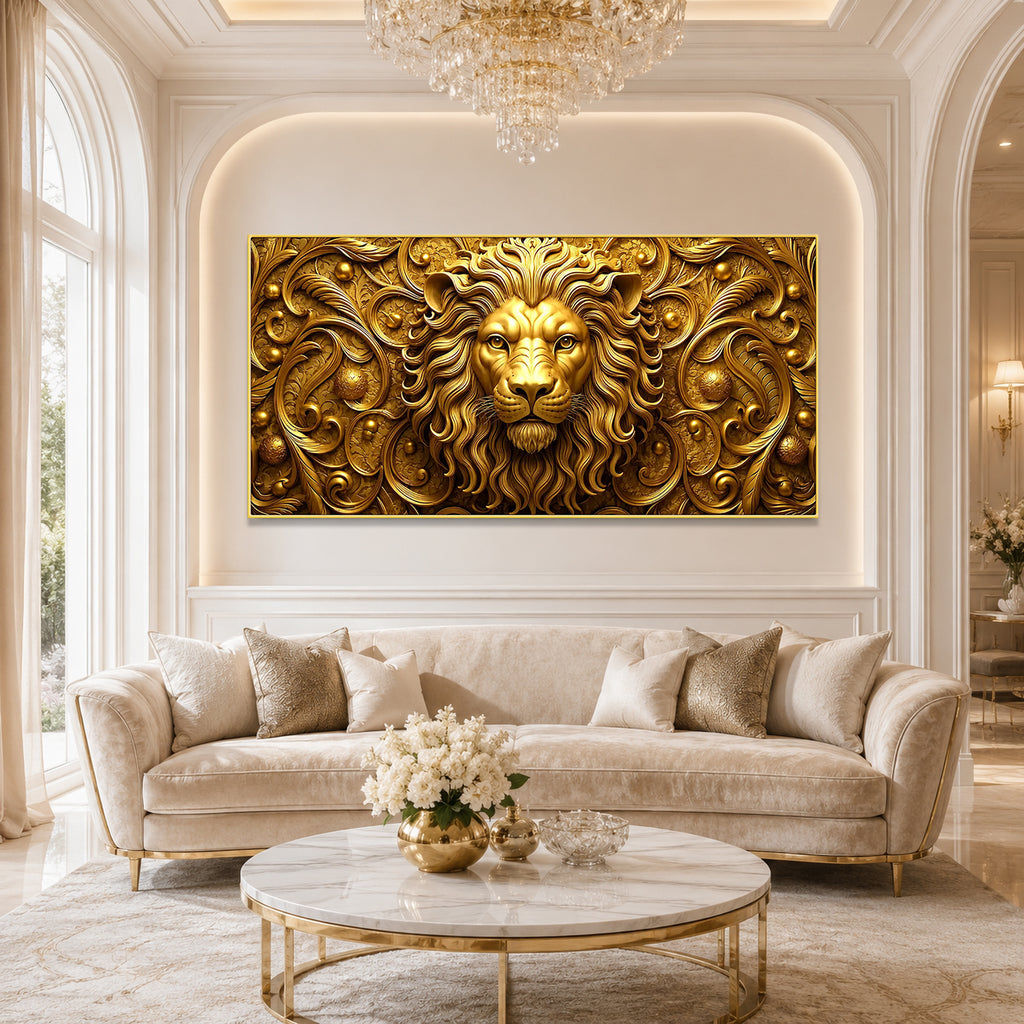 Golden Lion 3D Wall Art with Embossed Texture for Modern Home Interior Decor