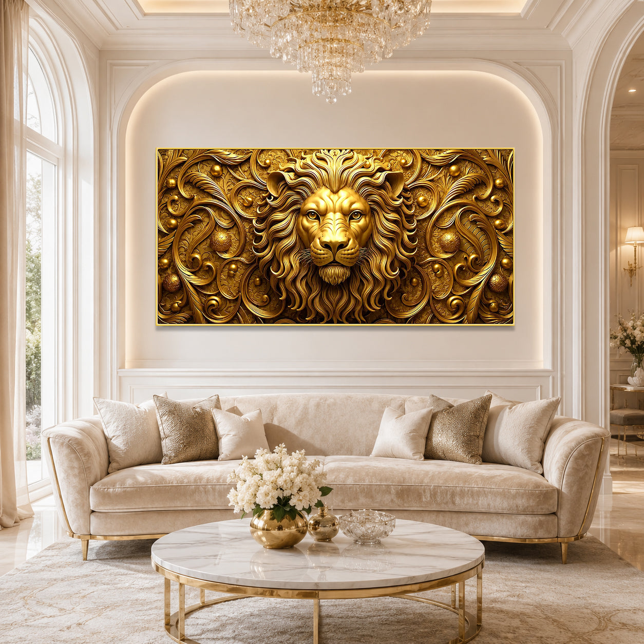 Golden Lion 3D Wall Art with Embossed Texture for Modern Home Interior Decor
