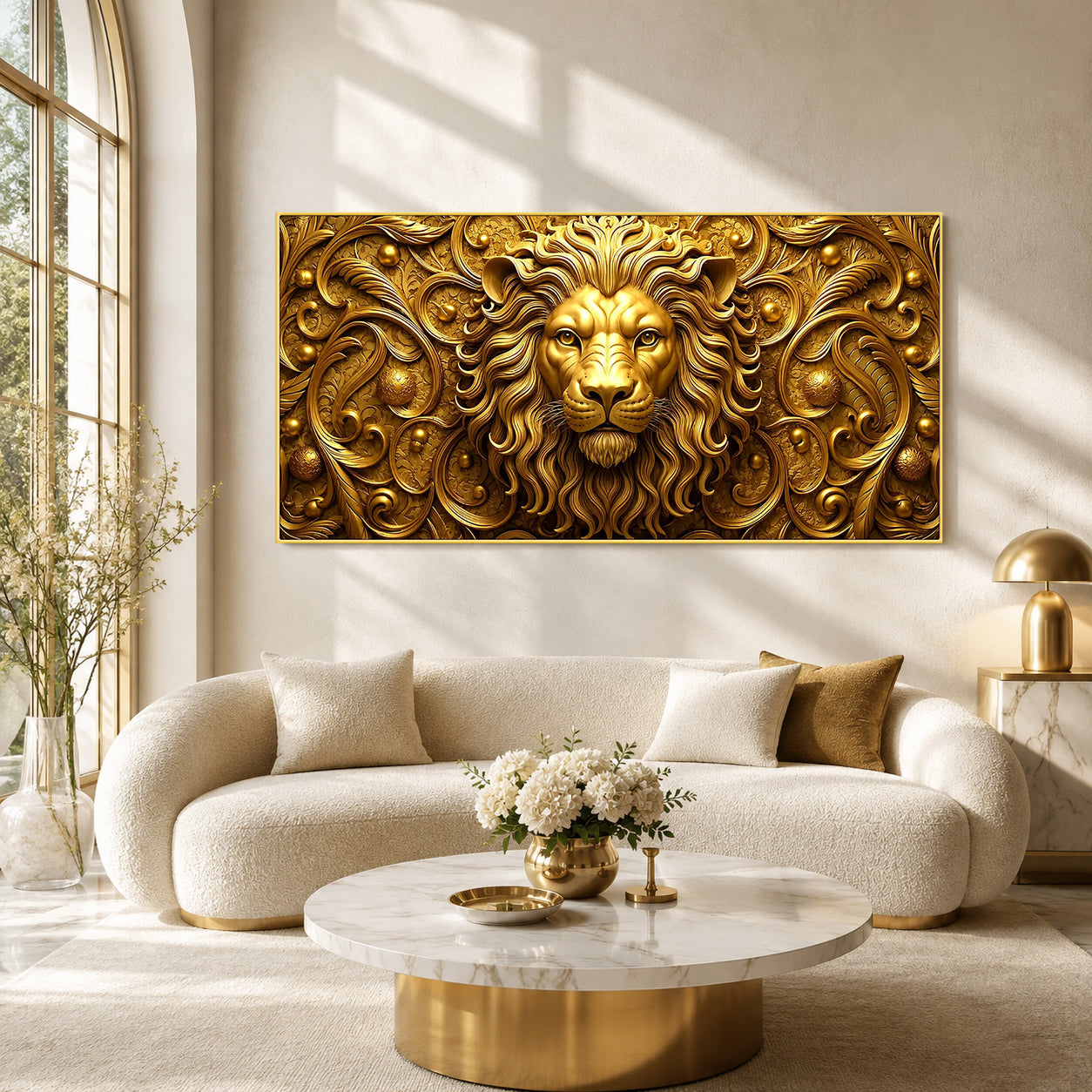 Golden Lion 3D Wall Art with Embossed Texture for Modern Home Interior Decor