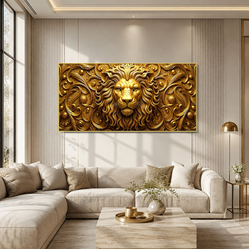 Golden Lion 3D Wall Art with Embossed Texture for Modern Home Interior Decor
