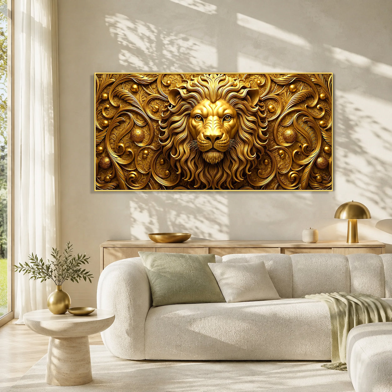 Golden Lion 3D Wall Art with Embossed Texture for Modern Home Interior Decor