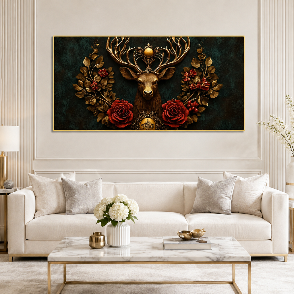 Designer 3D Deer Wall Art Painting with Golden Antlers, Red Roses and Intricate Floral Artwork for Living Room