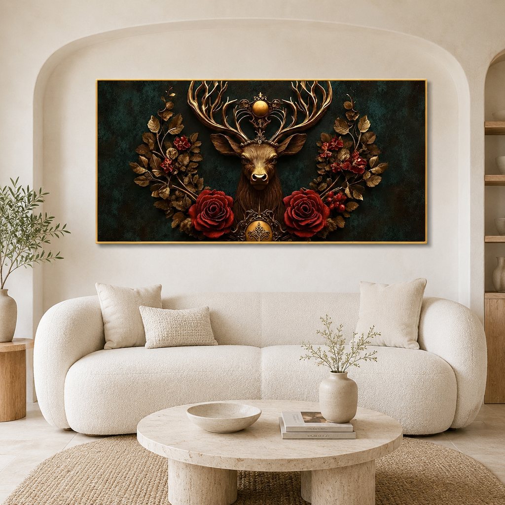 Designer 3D Deer Wall Art Painting with Golden Antlers, Red Roses and Intricate Floral Artwork for Living Room