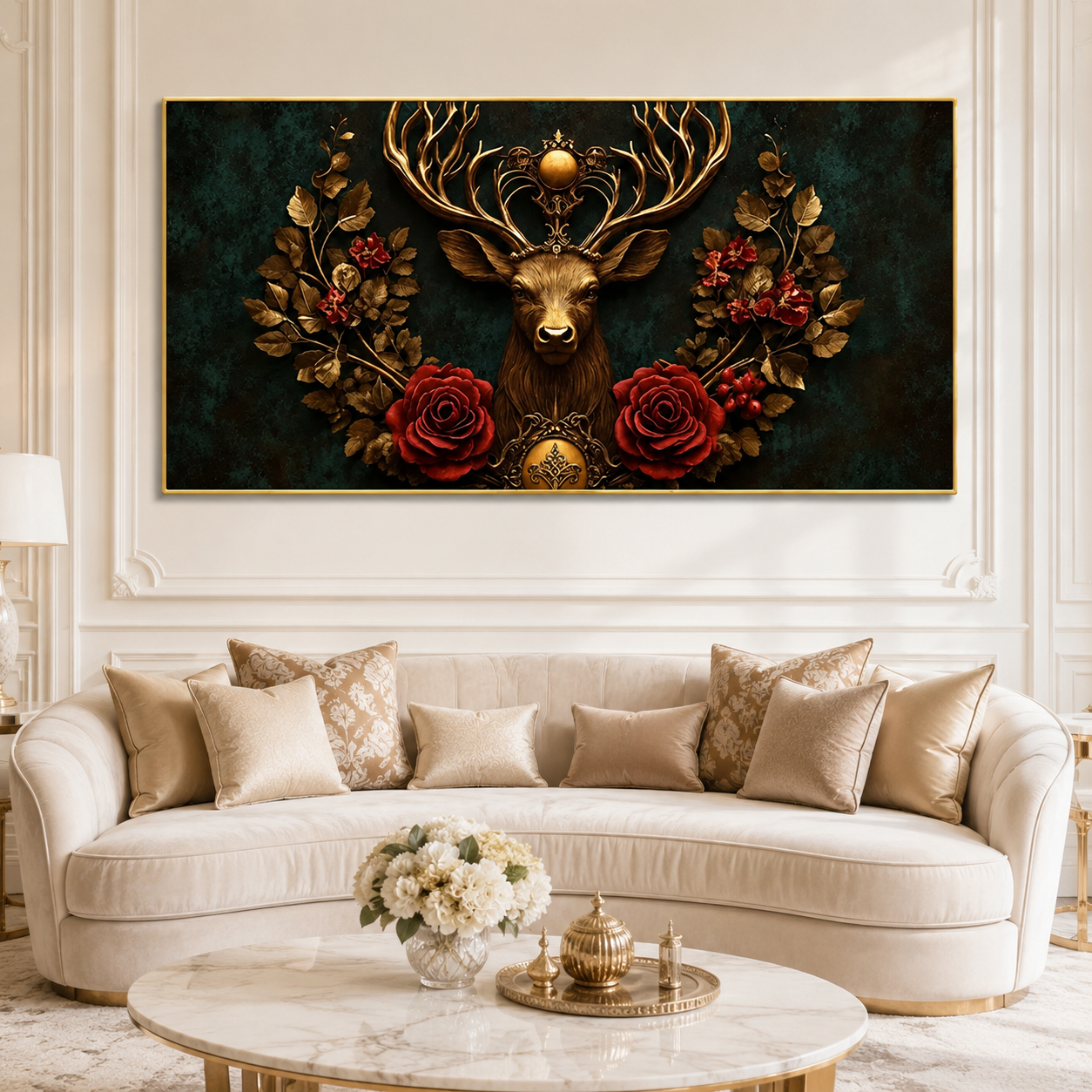 Designer 3D Deer Wall Art Painting with Golden Antlers, Red Roses and Intricate Floral Artwork for Living Room