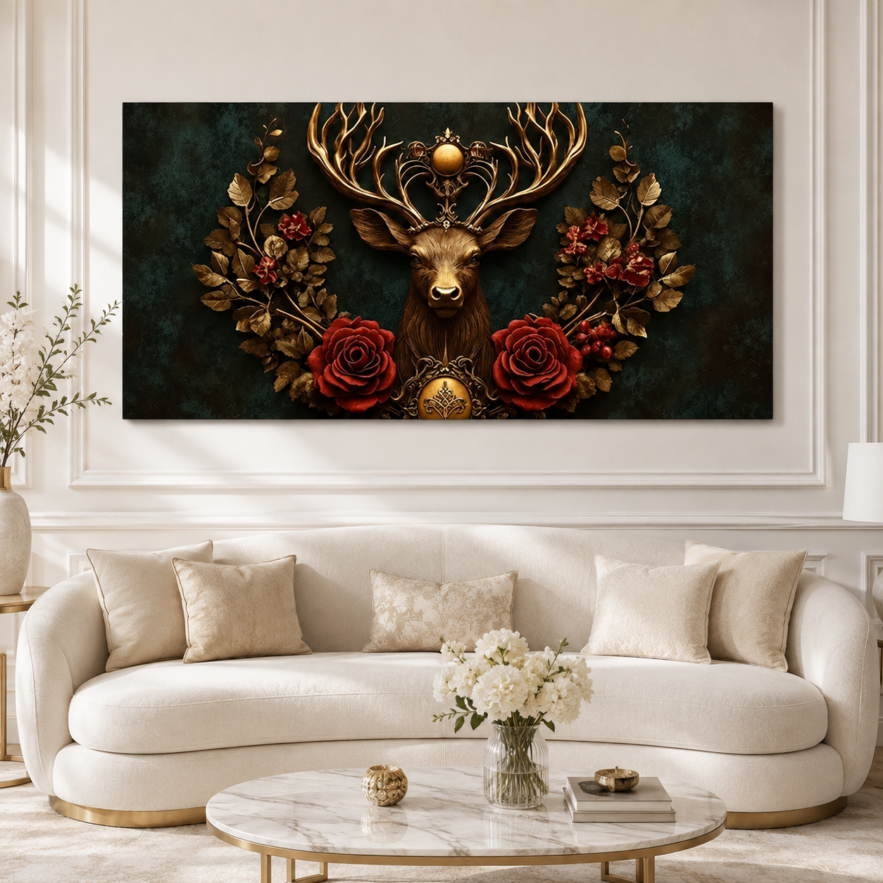 Designer 3D Deer Wall Art Painting with Golden Antlers, Red Roses and Intricate Floral Artwork for Living Room