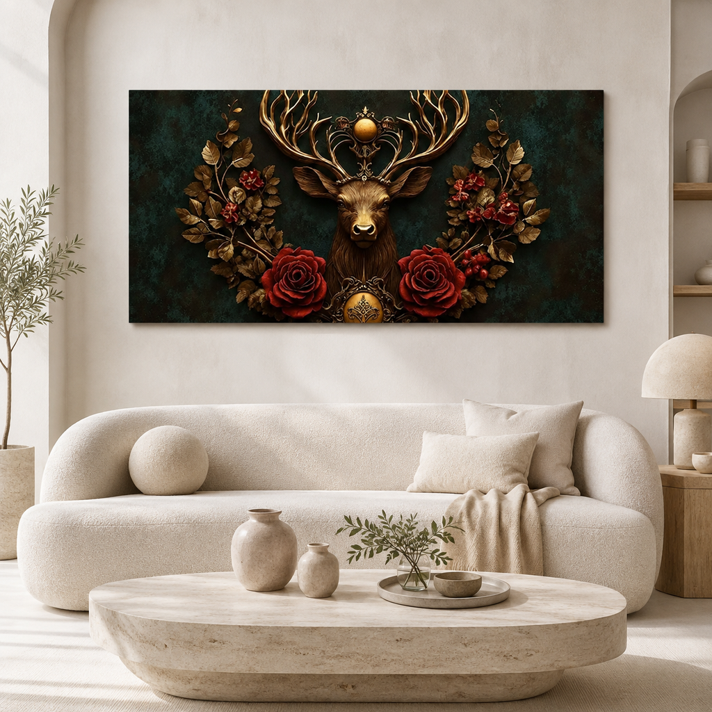 Designer 3D Deer Wall Art Painting with Golden Antlers, Red Roses and Intricate Floral Artwork for Living Room