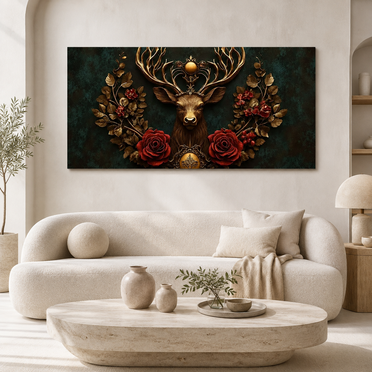 Designer 3D Deer Wall Art Painting with Golden Antlers, Red Roses and Intricate Floral Artwork for Living Room