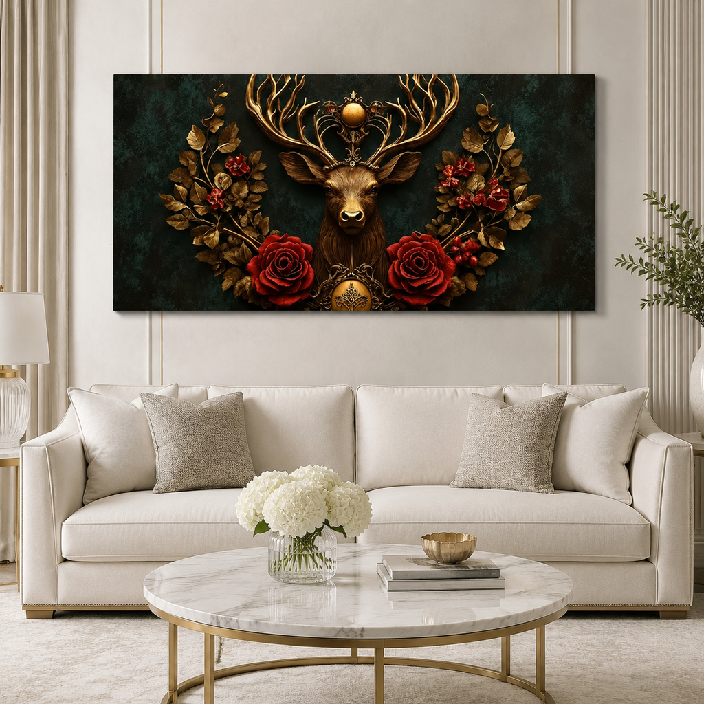 Designer 3D Deer Wall Art Painting with Golden Antlers, Red Roses and Intricate Floral Artwork for Living Room
