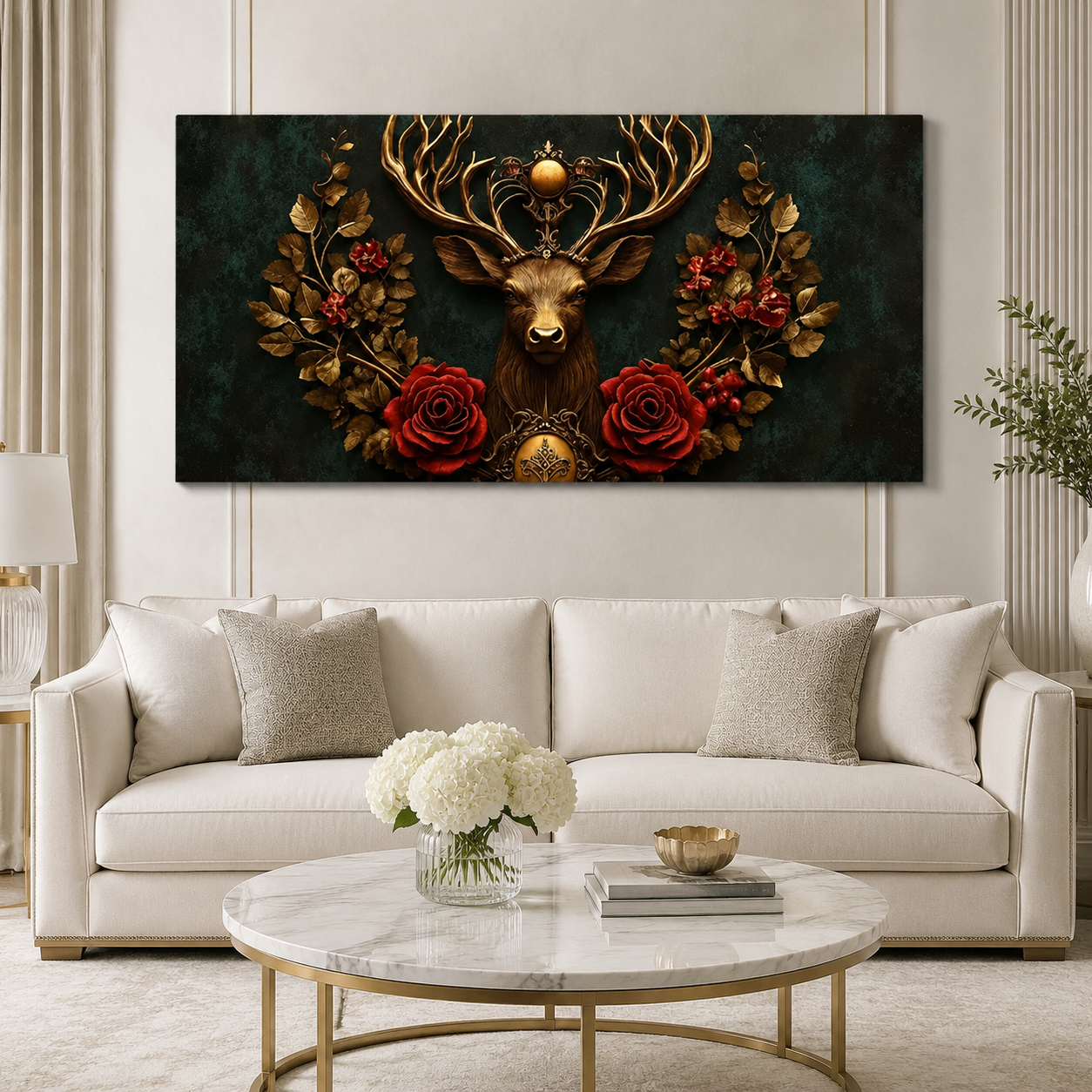Designer 3D Deer Wall Art Painting with Golden Antlers, Red Roses and Intricate Floral Artwork for Living Room