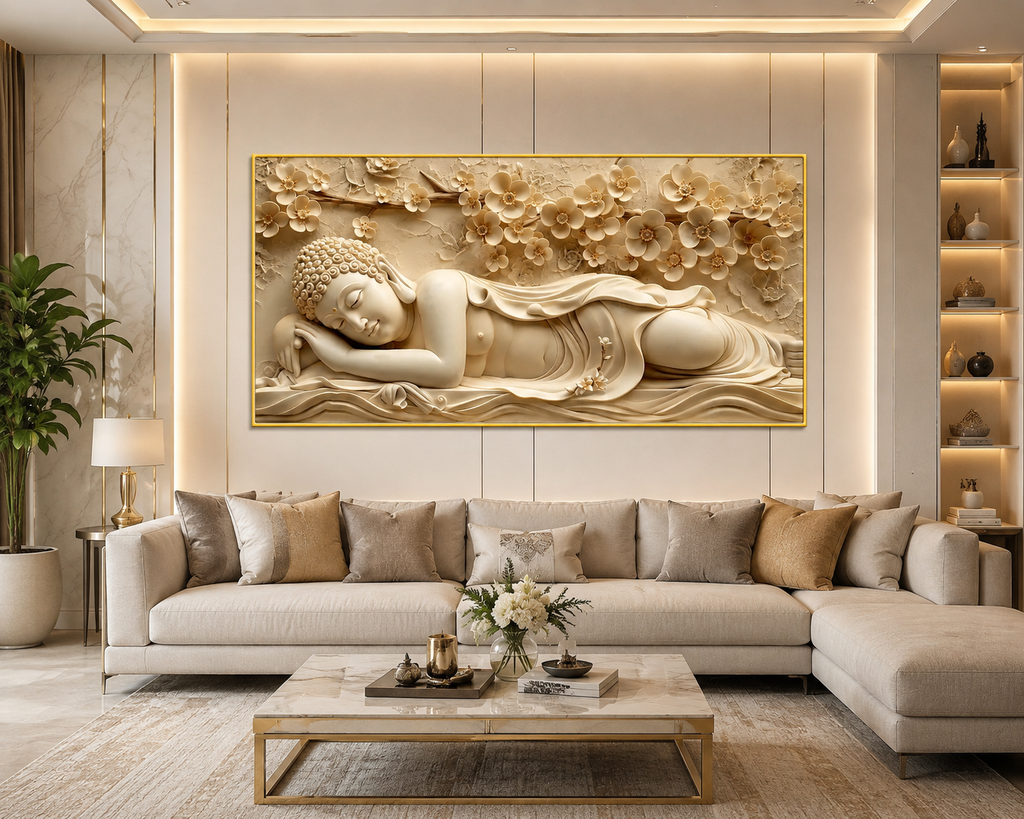 Serene Sleeping Buddha 3D Painting with Embossed Floral Design