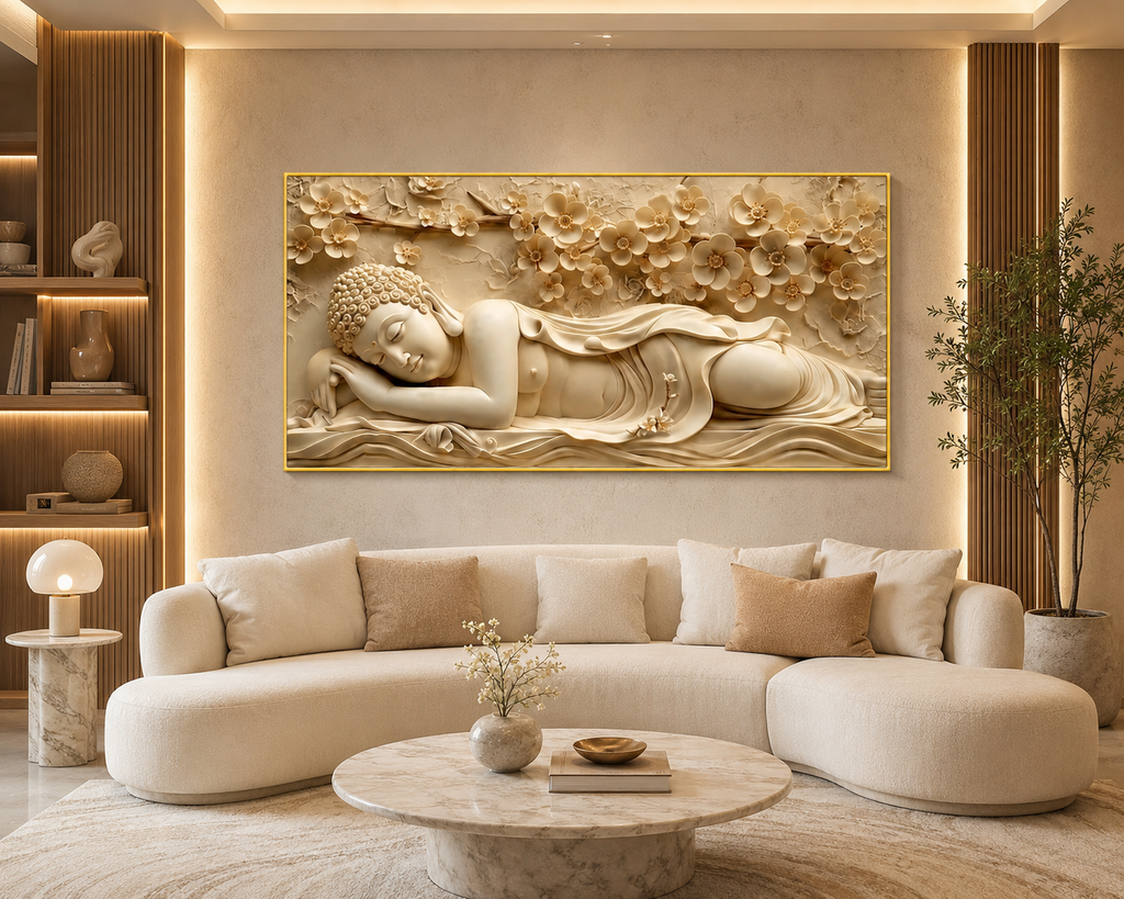 Serene Sleeping Buddha 3D Painting with Embossed Floral Design