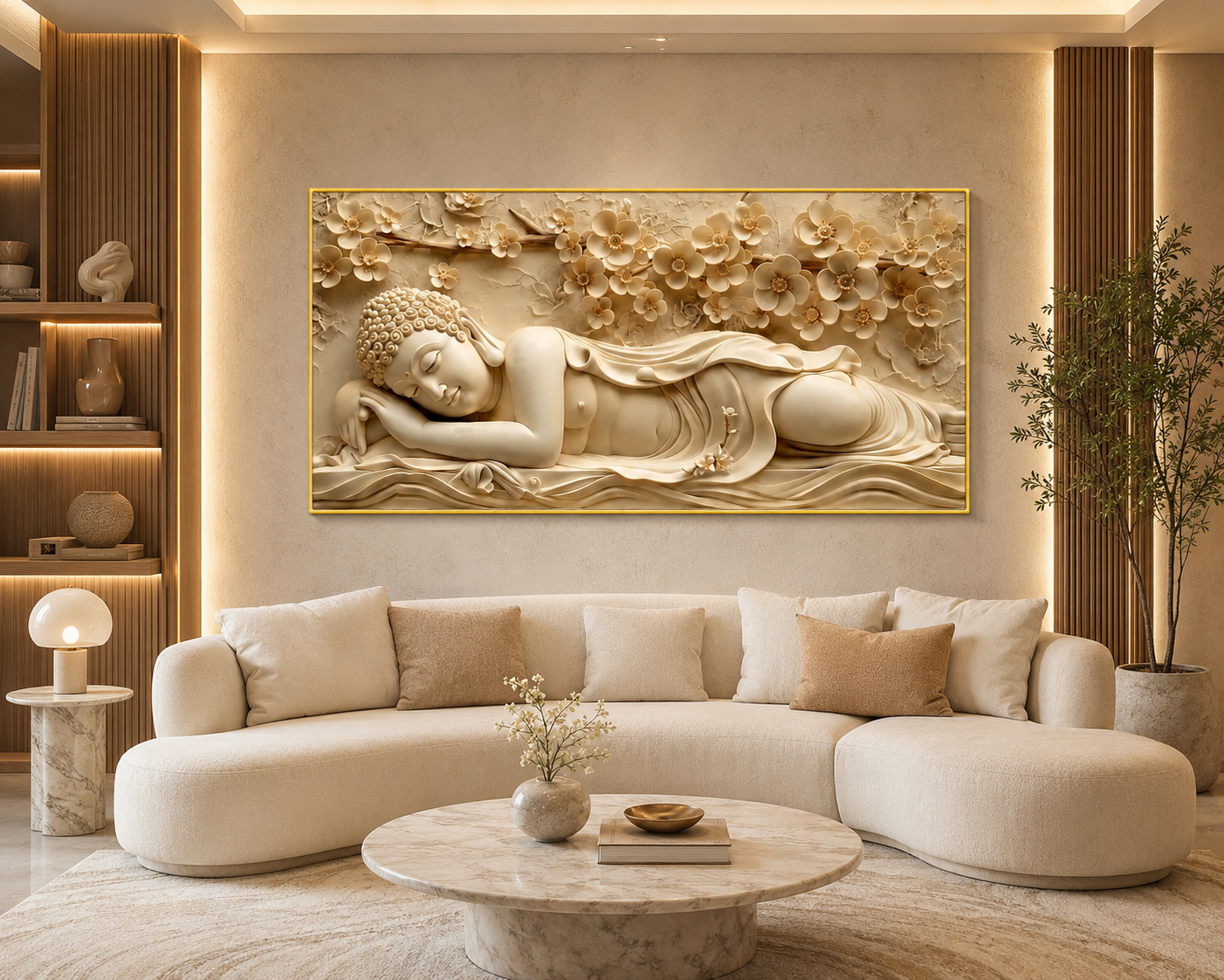 Serene Sleeping Buddha 3D Painting with Embossed Floral Design