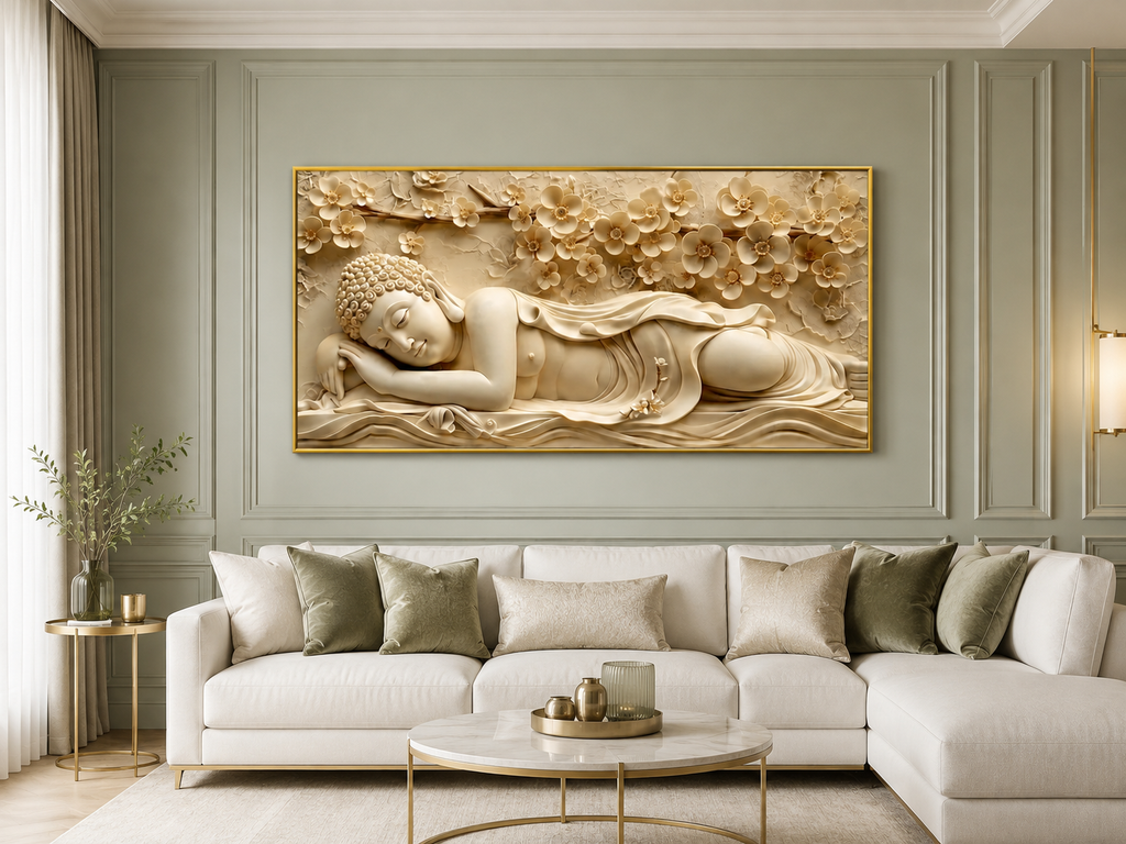 Serene Sleeping Buddha 3D Painting with Embossed Floral Design