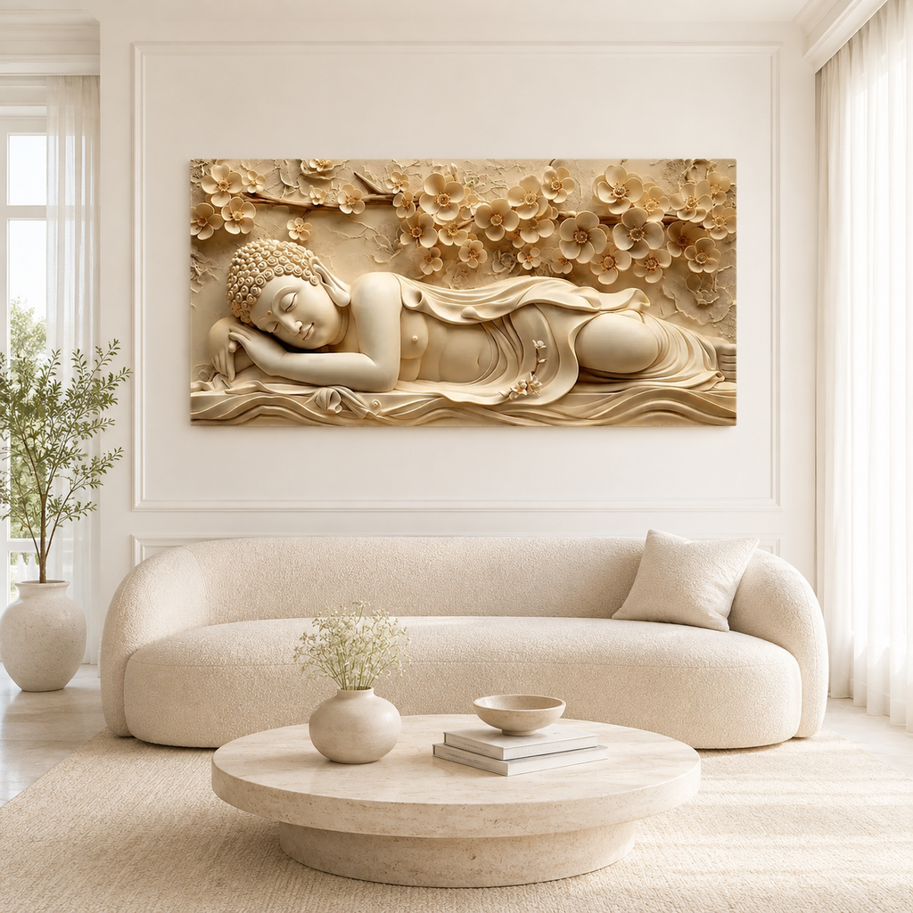 Serene Sleeping Buddha 3D Painting with Embossed Floral Design