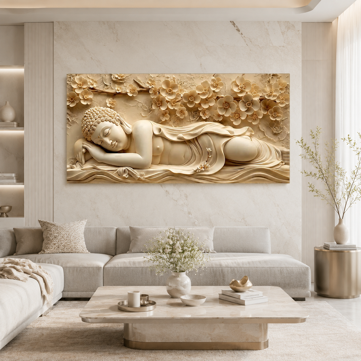 Serene Sleeping Buddha 3D Painting with Embossed Floral Design